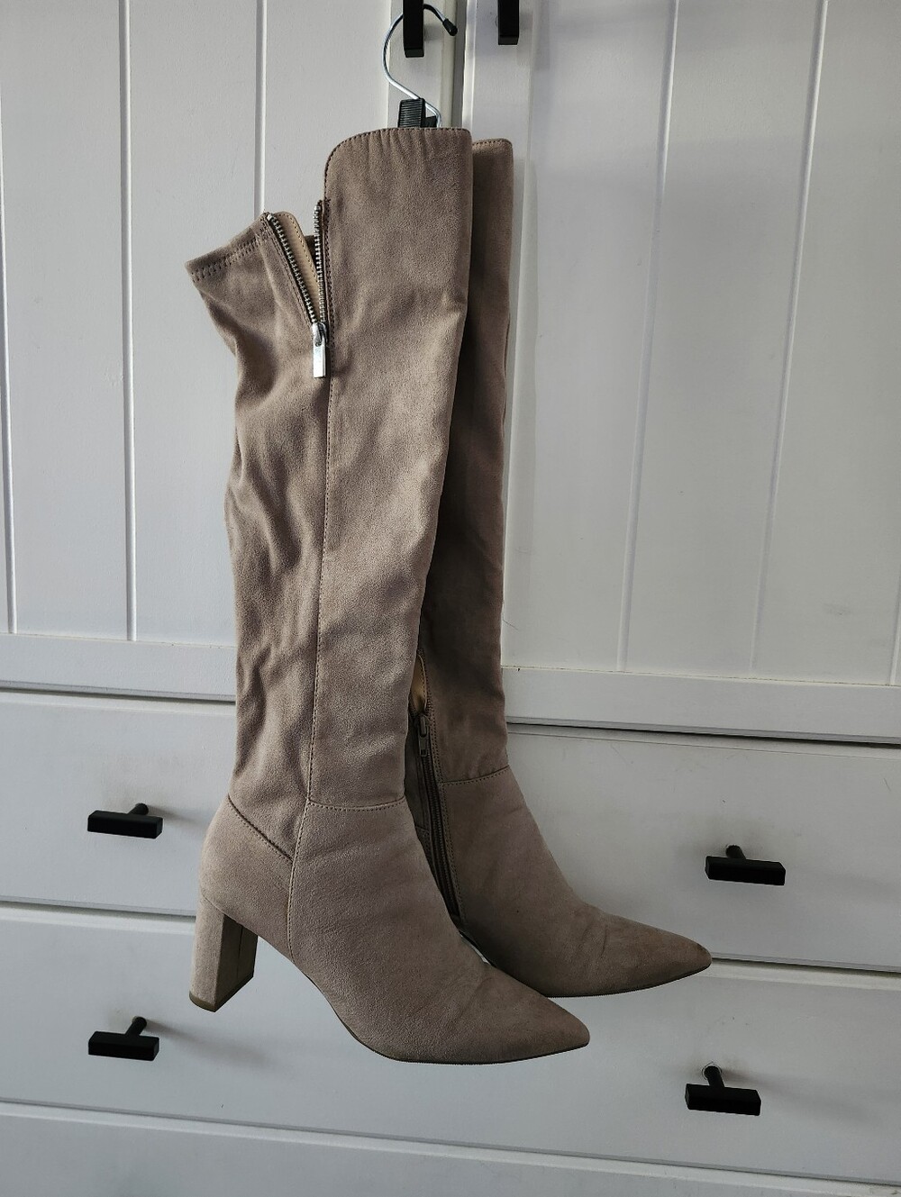 Leena Tall Taupe Suede Knee-High Boots - Elegant Women's Heeled Boots Sz 7